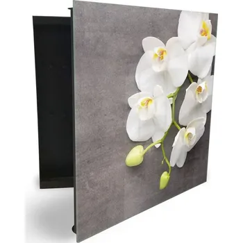 Skříňka na klíč Glasdekor skříňka na klíče - bílé květy orchideje na betonu Otevírání: Levé, Barva skříňky: Bílá
