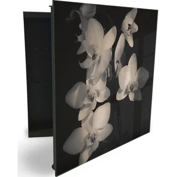 Skříňka na klíč Glasdekor skříňka na klíče - květy bílé orchideje na černém podkladu Otevírání: Levé, Barva skříňky: Bílá