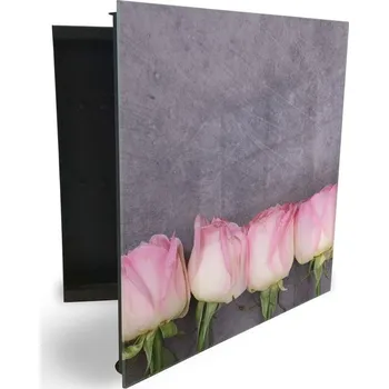 Skříňka na klíč Glasdekor skříňka na klíče - květy růžové růže na šedém Otevírání: Levé, Barva skříňky: Bílá