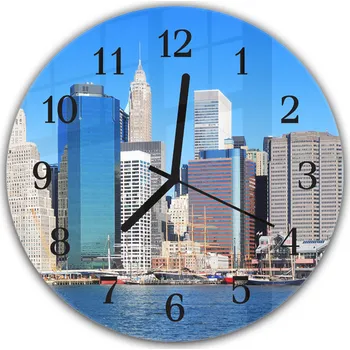 Hodiny Glasdekor Nástěnné hodiny pr.30cm přístav a mrakodrapy město New York Materiál: plexi