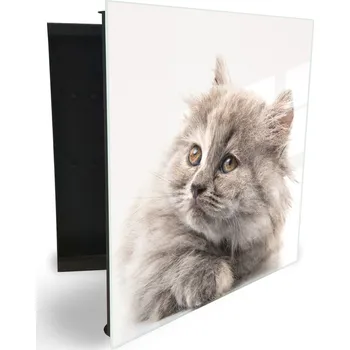 Skříňka na klíč Glasdekor skříňka na klíče - hezká šedá kočka Otevírání: Pravé, Barva skříňky: Černá