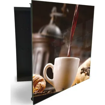 Skříňka na klíč Glasdekor skříňka na klíče - bílý šálek s kávou, pozadí mlýnek Otevírání: Levé, Barva skříňky: Černá