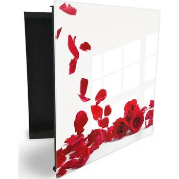 Skříňka na klíč Glasdekor skříňka na klíče - květy a lístky červené růže na bílém Otevírání: Levé, Barva skříňky: Černá