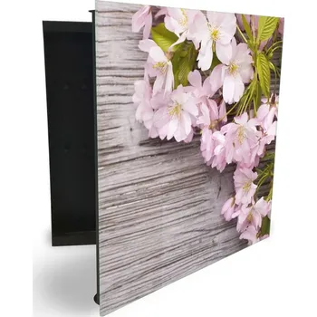 Skříňka na klíč Glasdekor skříňka na klíče - růžové květy třešně na dřevě Otevírání: Levé, Barva skříňky: Bílá