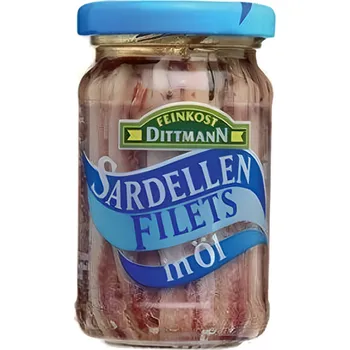 konzervovaná ryba Feinkost Dittmann Sardelové filetky v oleji (pevný podíl 80g) 100g