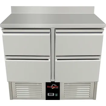 Lednice DASgastro Chladící stůl 0,9 x 0,7 m - se zadním lemem a 4 šuplíky