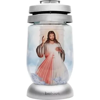 Smuteční dekorace Hřbitovní lucerna skleněná Ježíš Boží Milosrdenství stříbrná 36 hod (výška 235 mm, šířka 110 mm)