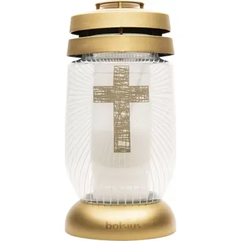 Smuteční dekorace Hřbitovní lucerna skleněná Kříž zlatá 36hod (výška 235 mm, šířka 110 mm)