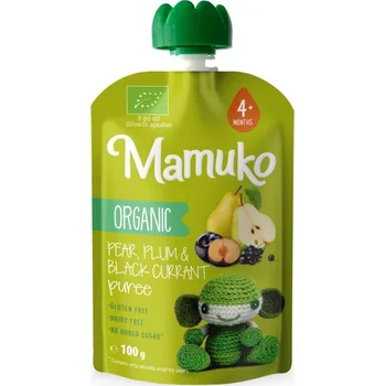 Kojenecká výživa Mamuko BIO hruška, černý rybíz a švestkové pyré pro miminka od 4 měsíců, 100 g