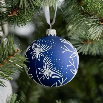 Vánoční ozdoba Skleněná baňka v hluboké modři s květinovým dekorem