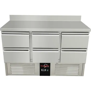DASgastro Chladící stůl / přípravný stůl 1,37 mx 0,7 m - s 6 šuplíky a zadním lemem
