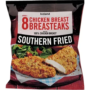 Hotové jídlo Iceland Kuřecí steakové řízky obalené ve strouhance s typickou příchutí Kentucky v jižanském stylu 680g