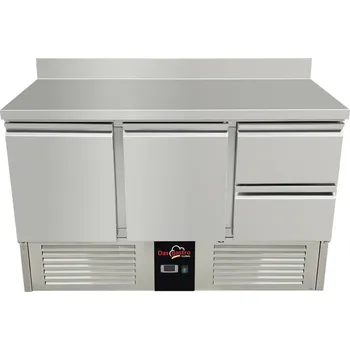 DASgastro Chladící stůl / přípravný stůl 1,37 mx 0,7 m - se 2 dveřmi a 2 šuplíky v pravo a zadním lemem