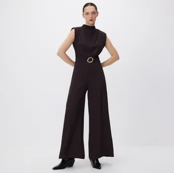 Dámské šaty Reserved - Kombinéza s ozdobným opaskem - tmavě hnědá - ZY003-89X - ZY003-89X-XS