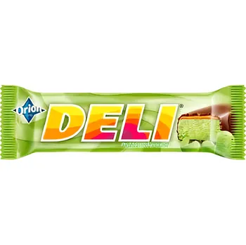 Cukrovinka ORION Deli tyčinka s pistáciovou příchutí a karamelem máčená v hořké čokoládě 35g