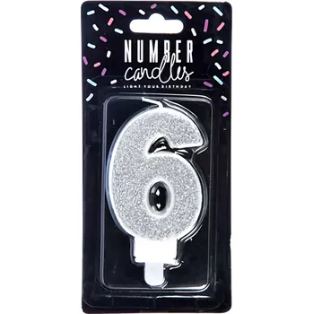 Svíčka PartyDeco Svíčka číslice "6" stříbrná 7cm