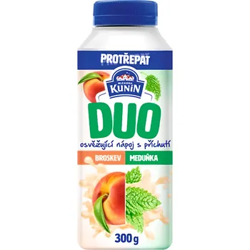 Mléko Mlékárna Kunín Duo zakysaný nápoj s příchutí broskev meduňka 300g