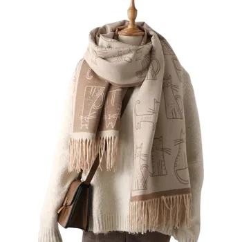 Čepice Kočičí paní Velká šála s kočkami - různé barvy Barva: oranžová-béžová