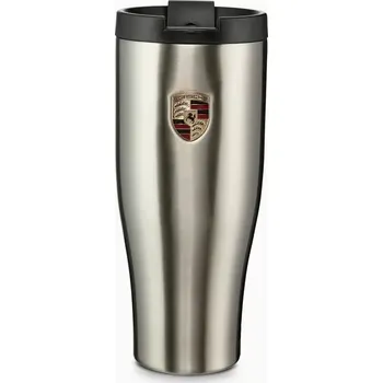 PORSCHE XL thermal travel cup Termoska cestovní stříbrná 900ml (Velkoryse dimenzovaný termohrnek s erbem Porsche.)