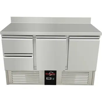 DASgastro Chladící stůl / přípravný stůl 1,37 mx 0,7 m - se 2 dveřmi a 2 šuplíky v levo a zadním lemem