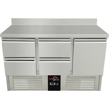 DASgastro Chladící stůl / přípravný stůl 1,37 mx 0,7 m - s 1 dveřmi a 4 šuplíky vlevo a zadním lemem