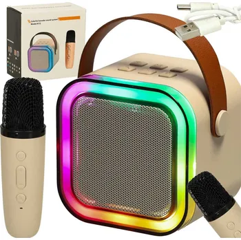 KIK Karaoke set Bluetooth reproduktor mikrofon USB LED béžová barva
