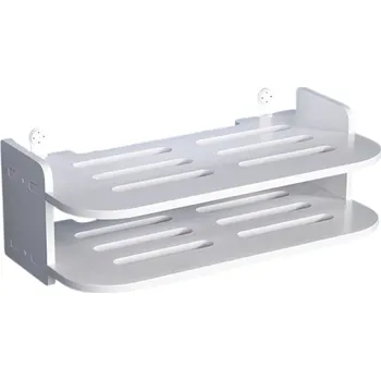 Drátěná police Bílá nástěnná 2úrovňová polička 30 x 20 x 15 cm S háčky bez vrtání Otvory pro odvod tepla Úložná polička do kuchyně, koupelny či kanceláře