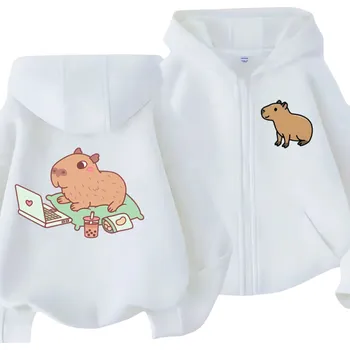 Dívčí mikina Dětská mikina s kapucí na zip s motivem kapybary Polyester Kawaii manga styl s kapsami Jednobarevná mikina pro chlapce i dívky Různé barvy bílá 4