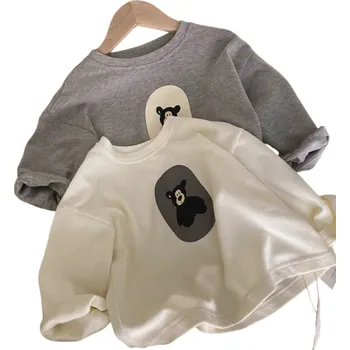 Dívčí mikina Dětské tričko s dlouhým rukávem a medvědím motivem Jarní a podzimní volný top s kulatým výstřihem Jednobarevné tričko pro chlapce i dívky bílá 6