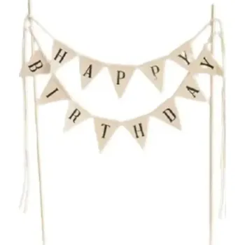 Rustikální dortová dekorace s nápisem Happy Birthday Přírodní látková girlanda s vlaječkami Dřevěné tyčky Vintage styl