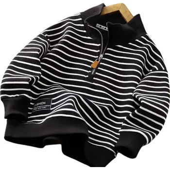 Dívčí oblečení Dětská pruhovaná mikina s rolákem a polovičním zipem Bavlna a polyester Sportovní svetr pro chlapce i dívky Podzimní volný střih Různé barvy černá 10