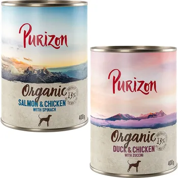 Krmivo pro psa 12x400g Purizon Organic - míchané balení: 3 x kachna s kuřecím, 3 x losos s kuřecím