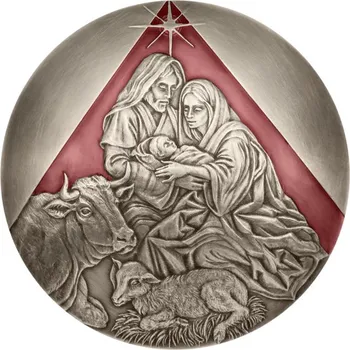 Stříbrná konvexní Vánoční medaile - Betlém, smalt patina stand