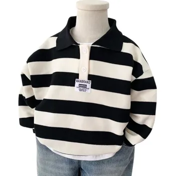 Dívčí mikina Dětská pruhovaná mikina s límečkem na knoflíky Bavlna a polyester Černobílý top s dlouhým rukávem Jarní módní svetr pro chlapce i dívky 2