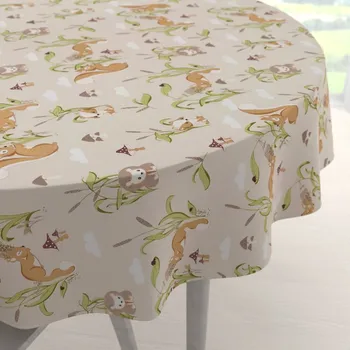 ubrus Dětský bavlněný kulatý ubrus Sandra SA-695 Veverky a ježci na světle béžovém Ø 50 cm