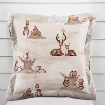 Povlak na polštářek Dětský bavlněný povlak na polštář s lemem Sandra SA-698 Hnědá lesní zvířátka na béžovém 50 x 50 cm