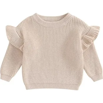 Dívčí oblečení Pletený dětský svetr s volánky pro novorozence Bavlna a akryl Dlouhý rukáv Jednobarevný volný top s kulatým výstřihem O-neck pro dívky i chlapce béžova 3