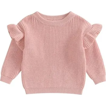 Dívčí svetr Pletený dětský svetr s volánky pro novorozence Bavlna a akryl Dlouhý rukáv Jednobarevný volný top s kulatým výstřihem O-neck pro dívky i chlapce růžová 3