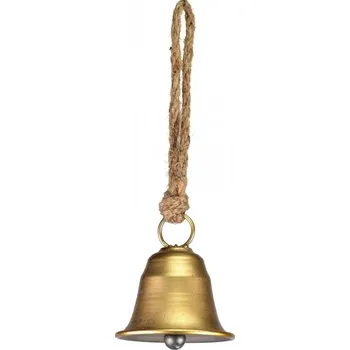 Vánoce Kovový zvonek staro-zlatý na jutovém provaze 8x7,3x25 cm