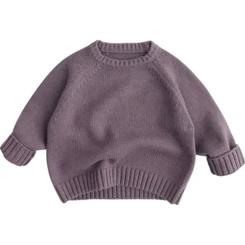 Dívčí svetr Dětský pletený svetr z čisté bavlny Vintage styl Jednobarevný svetr pro chlapce a dívky s výstřihem do O Měkký top pro batolata Podzim Zima fialová 6