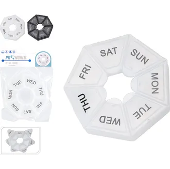 Dávkovač léků Pro World Týdenní organizér na léky se 7 přihrádkami - cestovní krabička na pilulky, bílá/černá