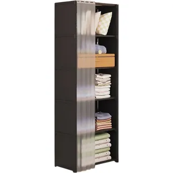 Ložnice 6úrovňová skříňka se závěsem 40 x 28 x 155 cm Textilní úložná skříň s ocelovým rámem Netkaná látka Skříň na oblečení a boty do ložnice černá