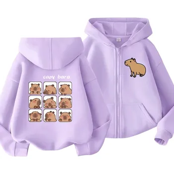 Dívčí mikina Dětská mikina s kapucí na zip s motivem kapybary Kawaii manga styl Polyester Jednobarevná mikina s kapsami Unisex oblečení pro chlapce i dívky fialová 4