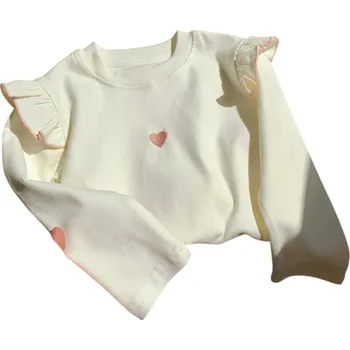 Dívčí mikina Dětská mikina se srdíčkem na hrudi Bavlna a polyester Dlouhý rukáv s řasením na ramenou Jednobarevný top s výstřihem do O Pro dívky Jaro a podzim bílá 9-12 měsíců