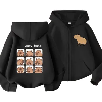Dívčí mikina Dětská mikina s kapucí na zip s motivem kapybary Kawaii manga styl Polyester Jednobarevná mikina s kapsami Unisex oblečení pro chlapce i dívky černá 12