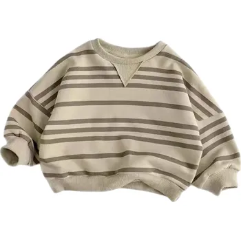 Dívčí mikina Dětská pruhovaná mikina s dlouhým rukávem a výstřihem do O Bavlna a polyester Volný ležérní svetr pro chlapce i dívky Jednobarevné pruhy Různé barvy béžova 3