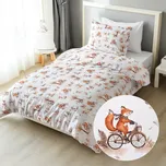 Dětské bavlněné ložní povlečení Sandra SA-696 Lišky na kolách - hnědé na bílém Jednolůžko 140x200 a 70x90 cm