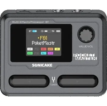 Klasická kytara Sonicake Pocket Master Mini QME-10 černý multiefektový pedál pro kytaru a baskytaru Barevný LCD displej Ovládání přes aplikaci Vestavěný zesilovač