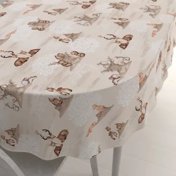 ubrus Dětský bavlněný oválný ubrus Sandra SA-698 Hnědá lesní zvířátka na béžovém 50x100 cm