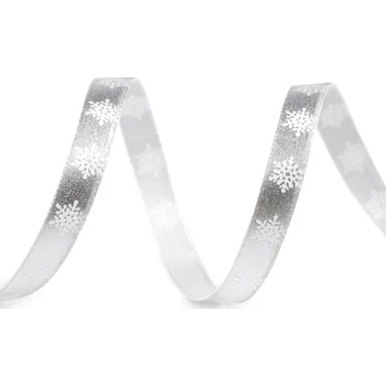 Stuha Vánoční stuha metalická vločky šíře 10 mm stříbrná 22.5 m